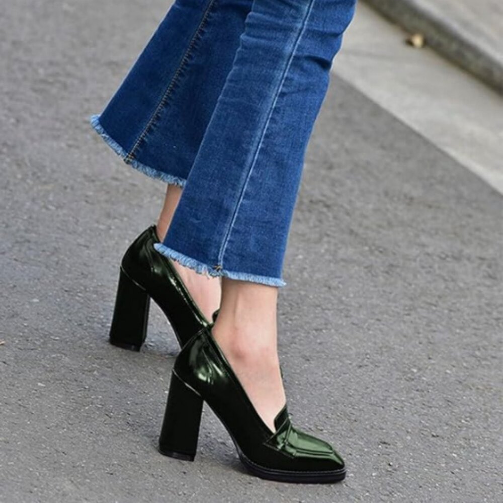 FOWT Dark Green High Block Heels Loafers for Women Classical Square Toe Pump